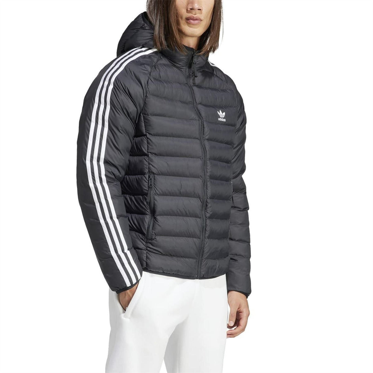 adidas Originals hooded puffer jacket featuring a quilted design, front zip closure, and adjustable hood for cold weather.