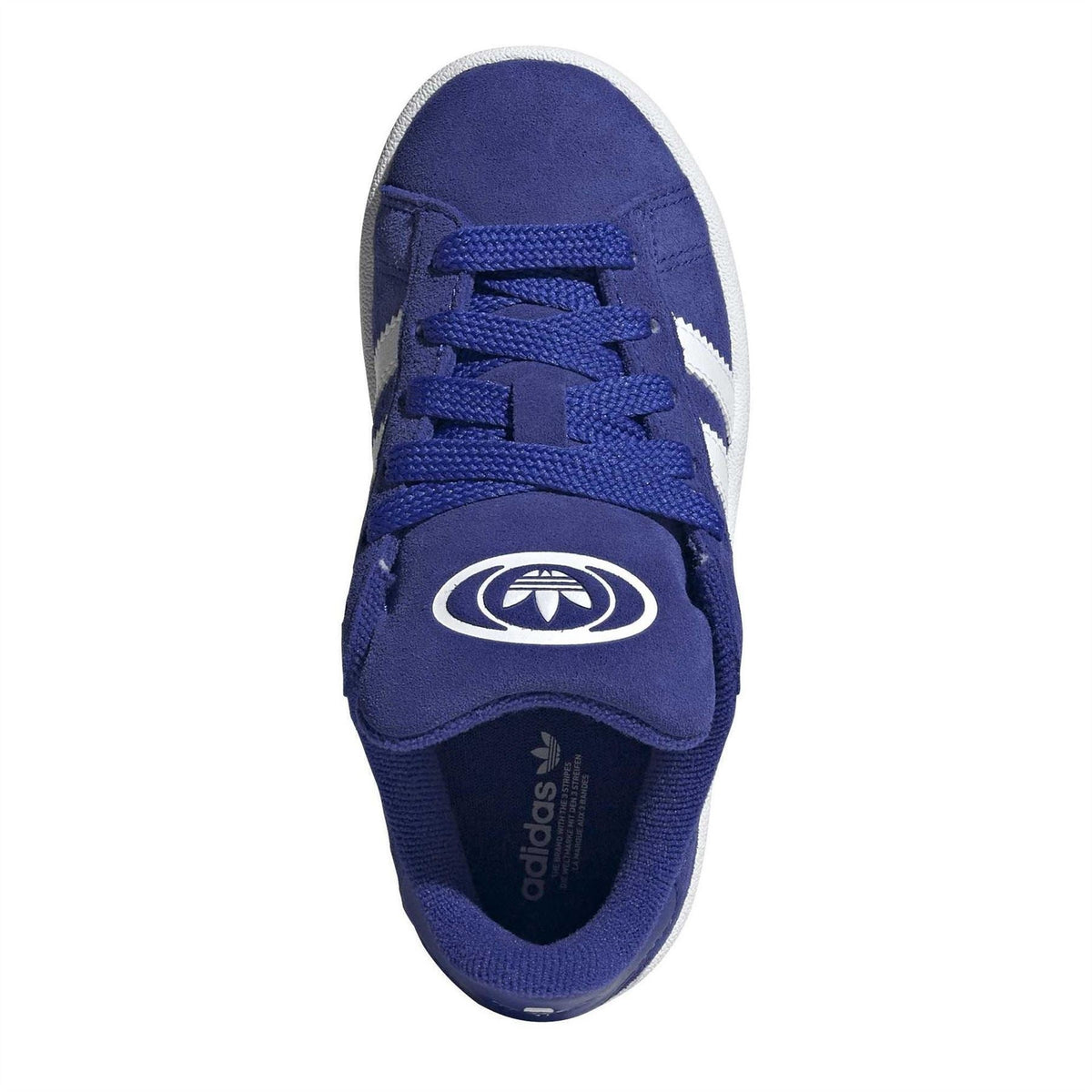 adidas low-top canvas sneakers, blue top view with tongue patch and lace-up