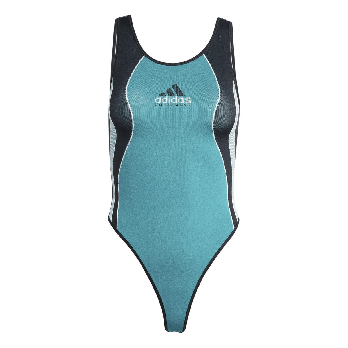 Teal one-piece swimsuit body with black side panels and adidas Equipment logo