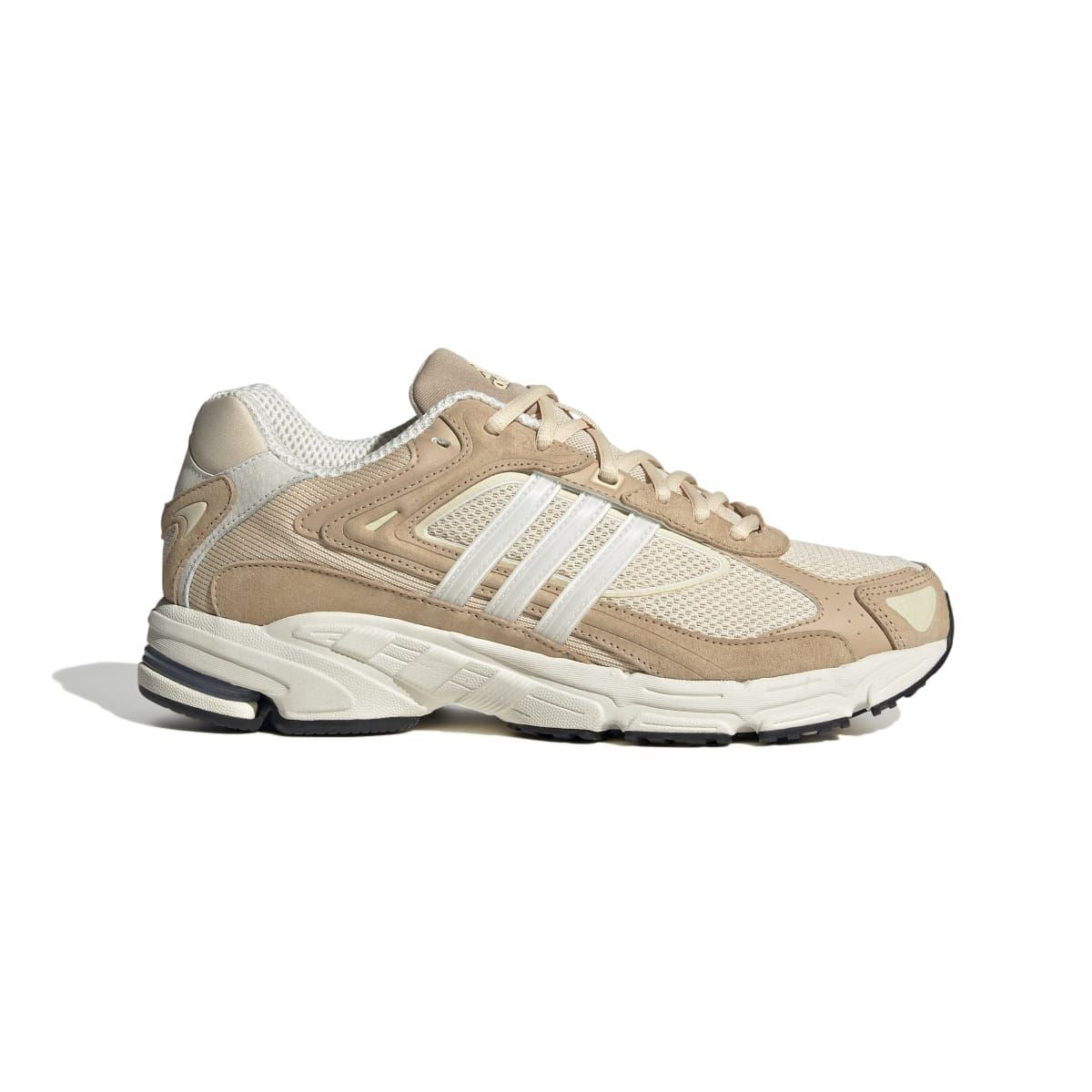 Sand and off-white low-top running trainers with lace-up front and white 3-strap side