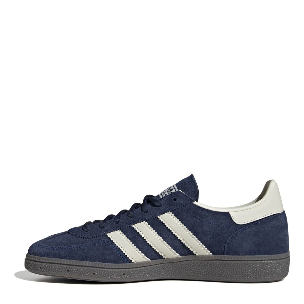 Navy suede low top sneakers with white side stripes and dark textured rubber sole.