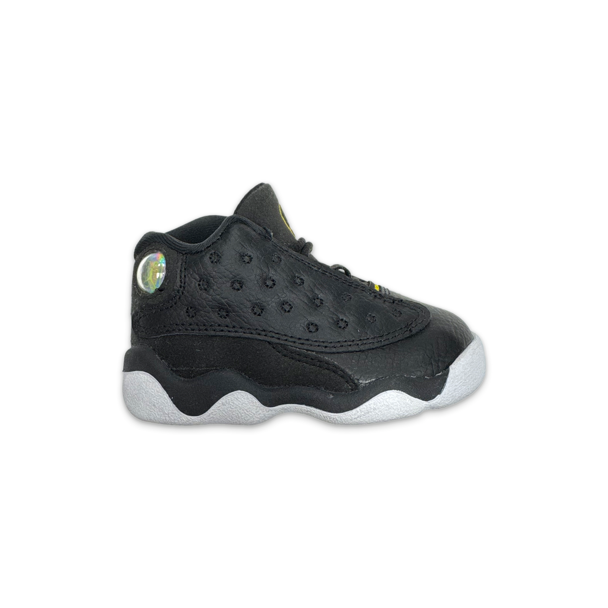 Black Air Jordan 13 Retro TD kids' sneaker with white midsole and lace-up closure