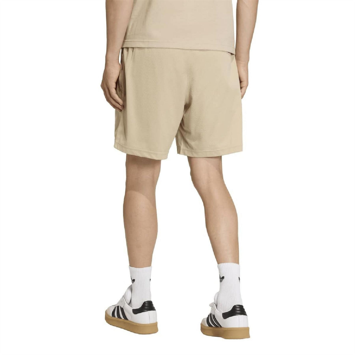 adidas stone khaki shorts, back view with elastic waist and trefoil logo on hem