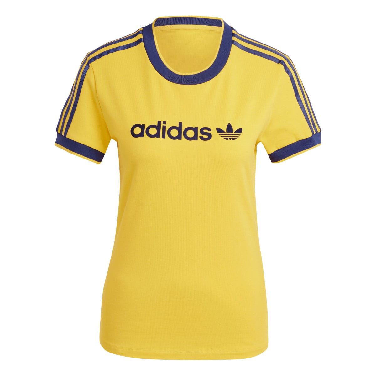 Yellow slim T-shirt with blue crew neck trim, adidas logo, and 3-stripe sleeves.