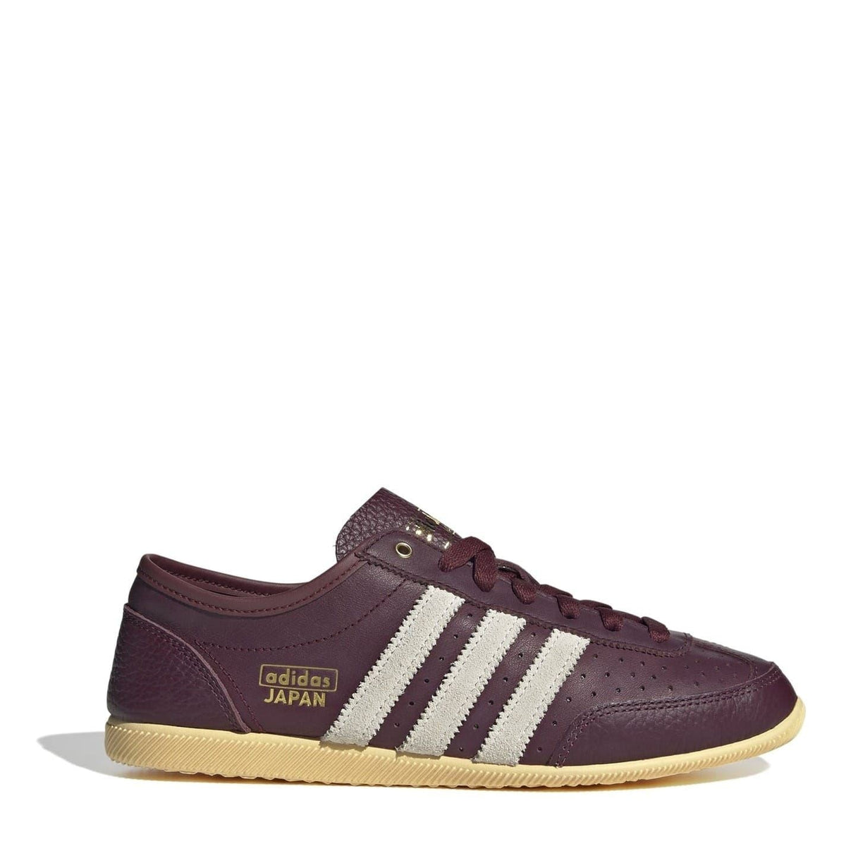 adidas Originals Japan sneakers, burgundy leather upper with white stripes and gum sole