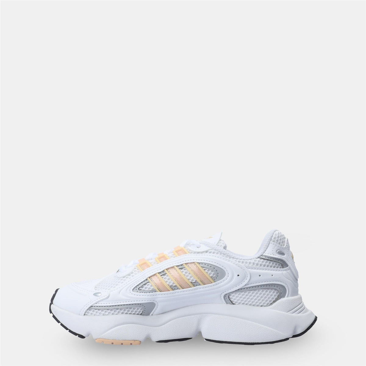 White adidas Originals Ozmillen trainers, mesh panels, orange side stripe accents