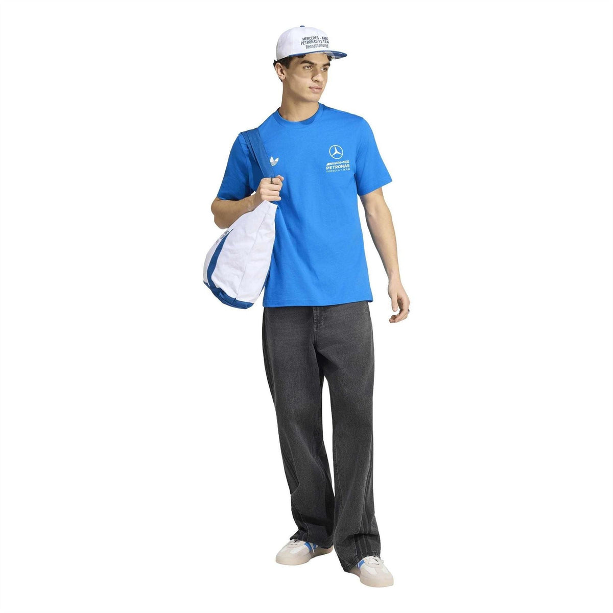 Blue adidas crew-neck T-shirt with Mercedes Petronas chest logo, styled with jeans