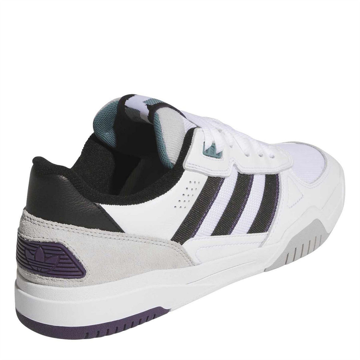 White and black trainers with three-bar stripes and padded collar