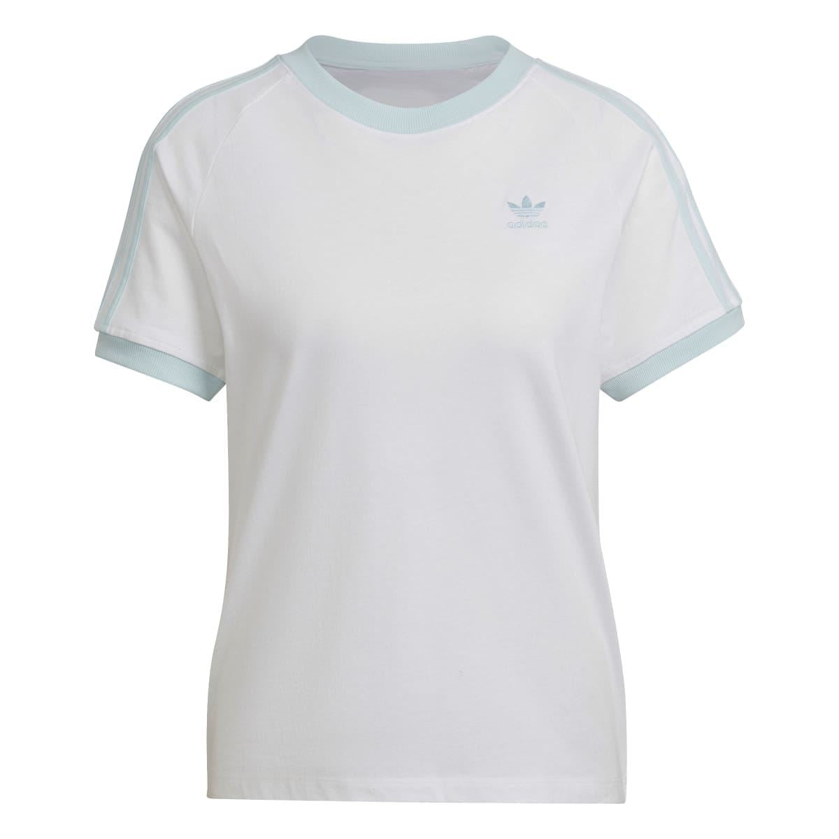 White adidas Originals T-shirt with small adidas chest logo and light blue collar trim
