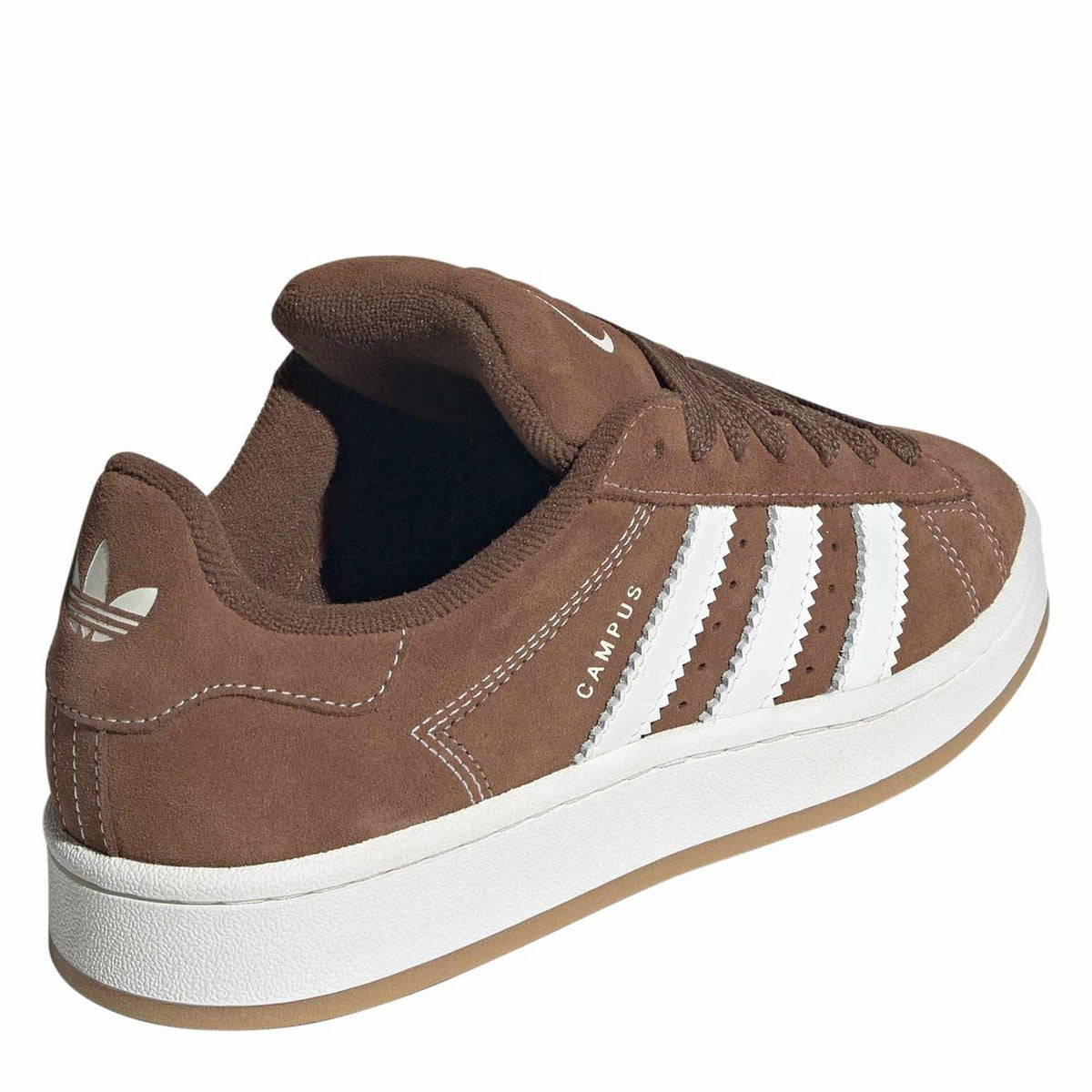 Brown suede low-top sneakers with heel tab and white triple stripes on side