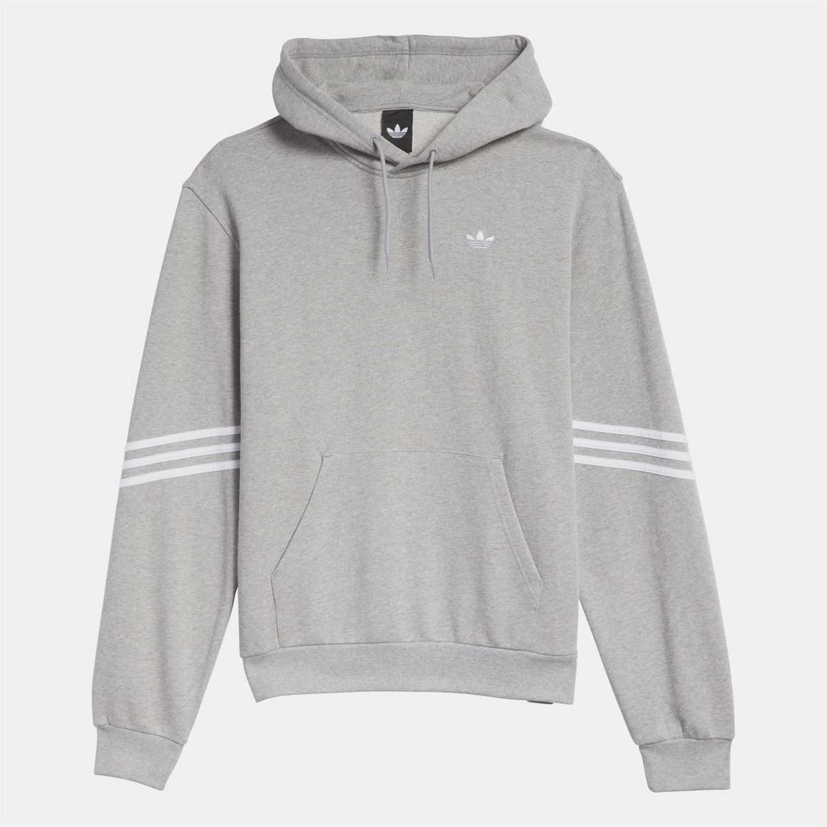 Grey adidas Originals hoodie with hood, drawstrings, kangaroo pocket and striped sleeves