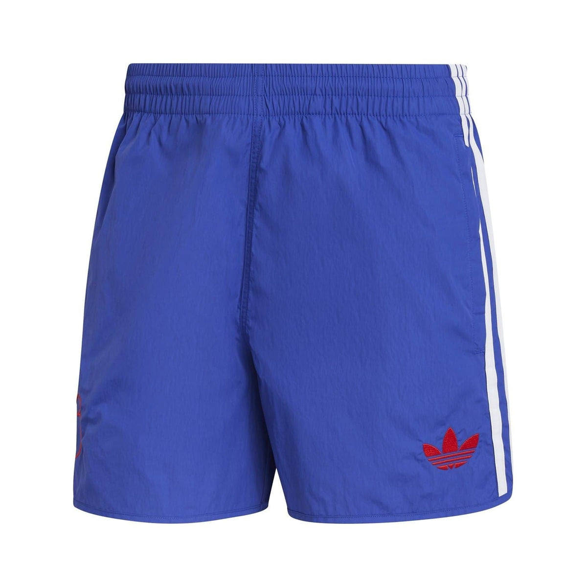 Blue soccer road shorts with elastic waistband, white side stripes, red trefoil logo