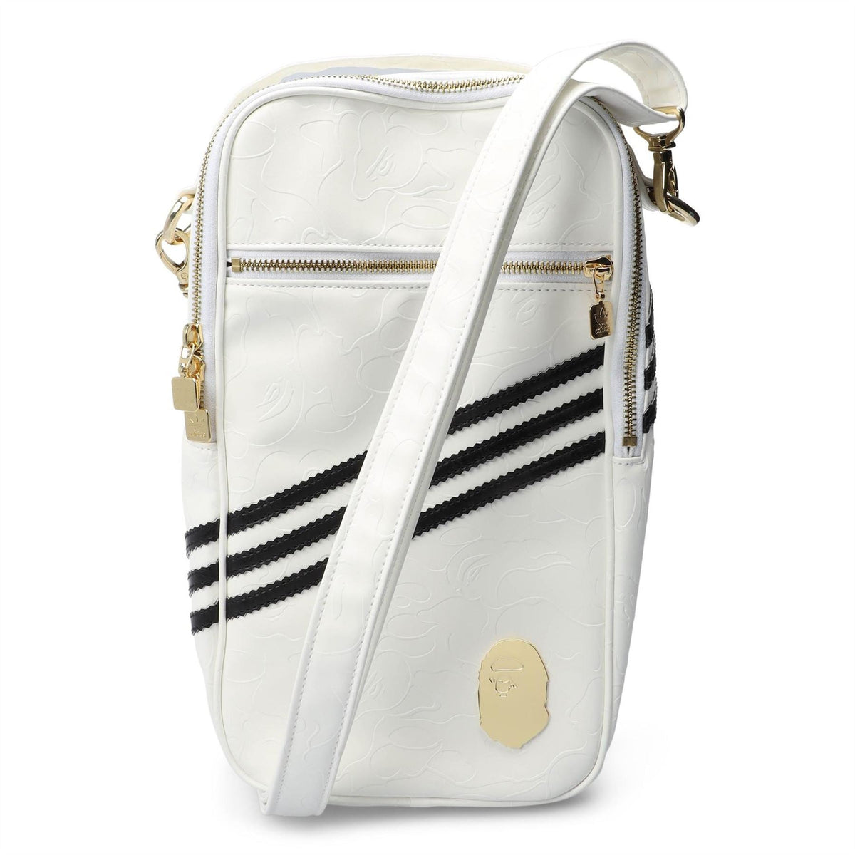 White embossed adidas Originals BAPE crossbody bag with black double stripes and gold zipper