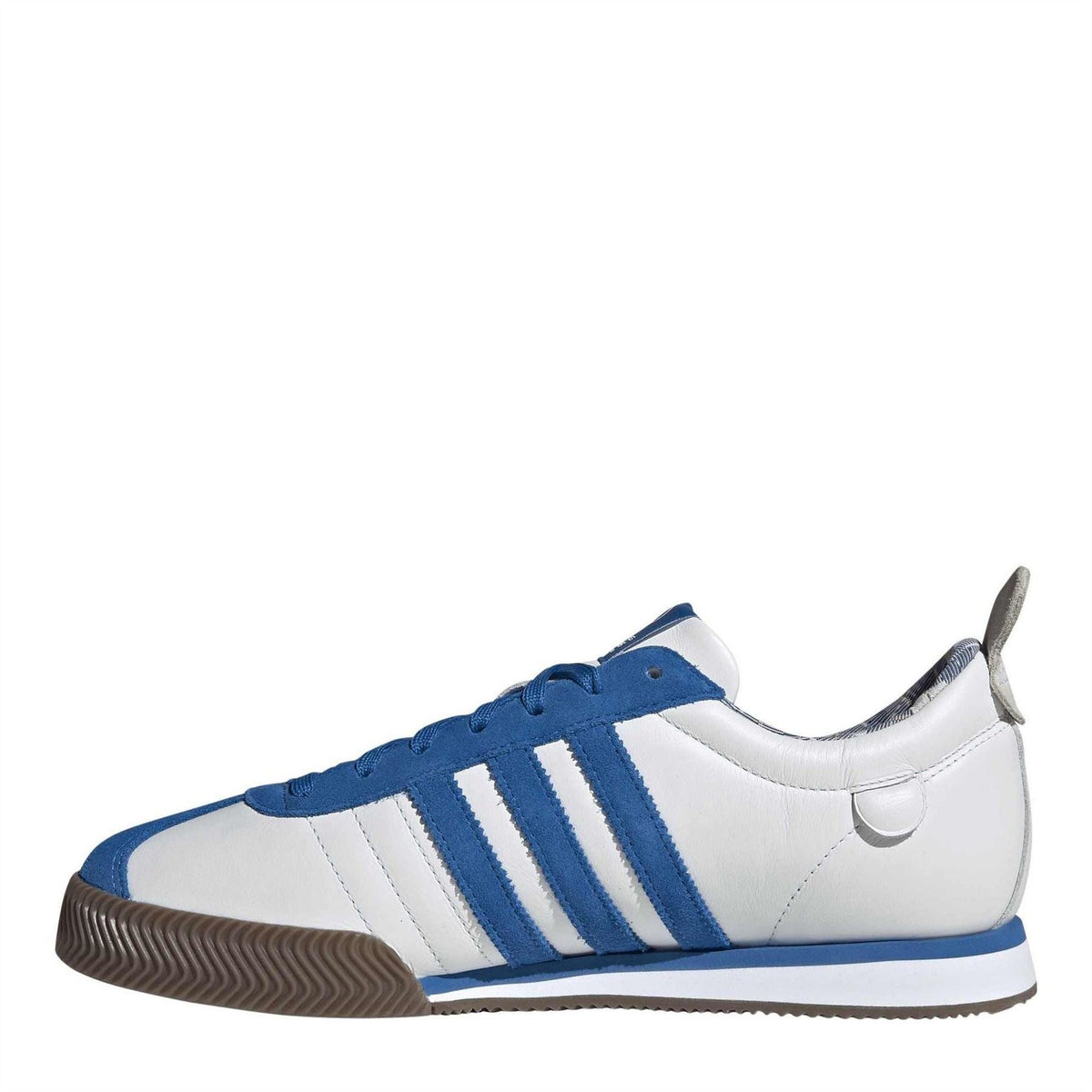 adidas Samba 62 low-top lace-up sneakers, blue laces, white upper with blue stripe accents