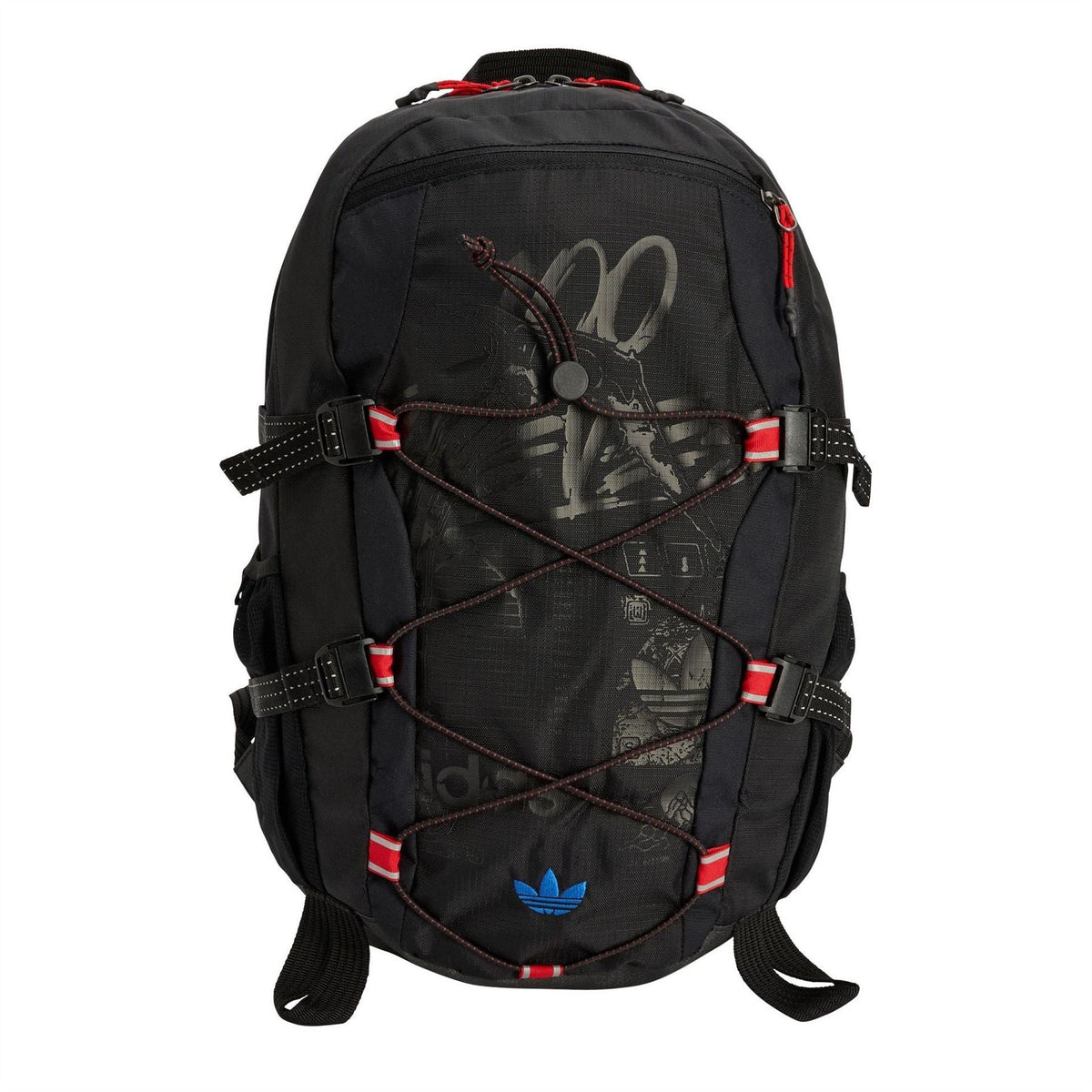 adidas Originals backpack in dark carbon with red accents and blue trefoil front logo