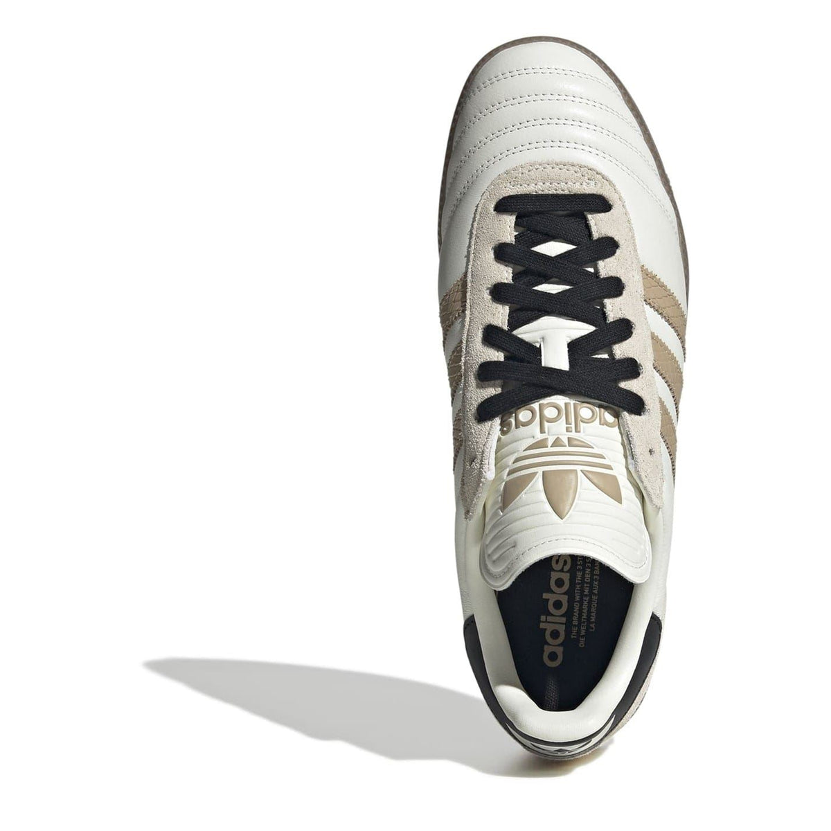 adidas Originals Samba JP sneakers front view in off-white with black laces and adidas tongue label
