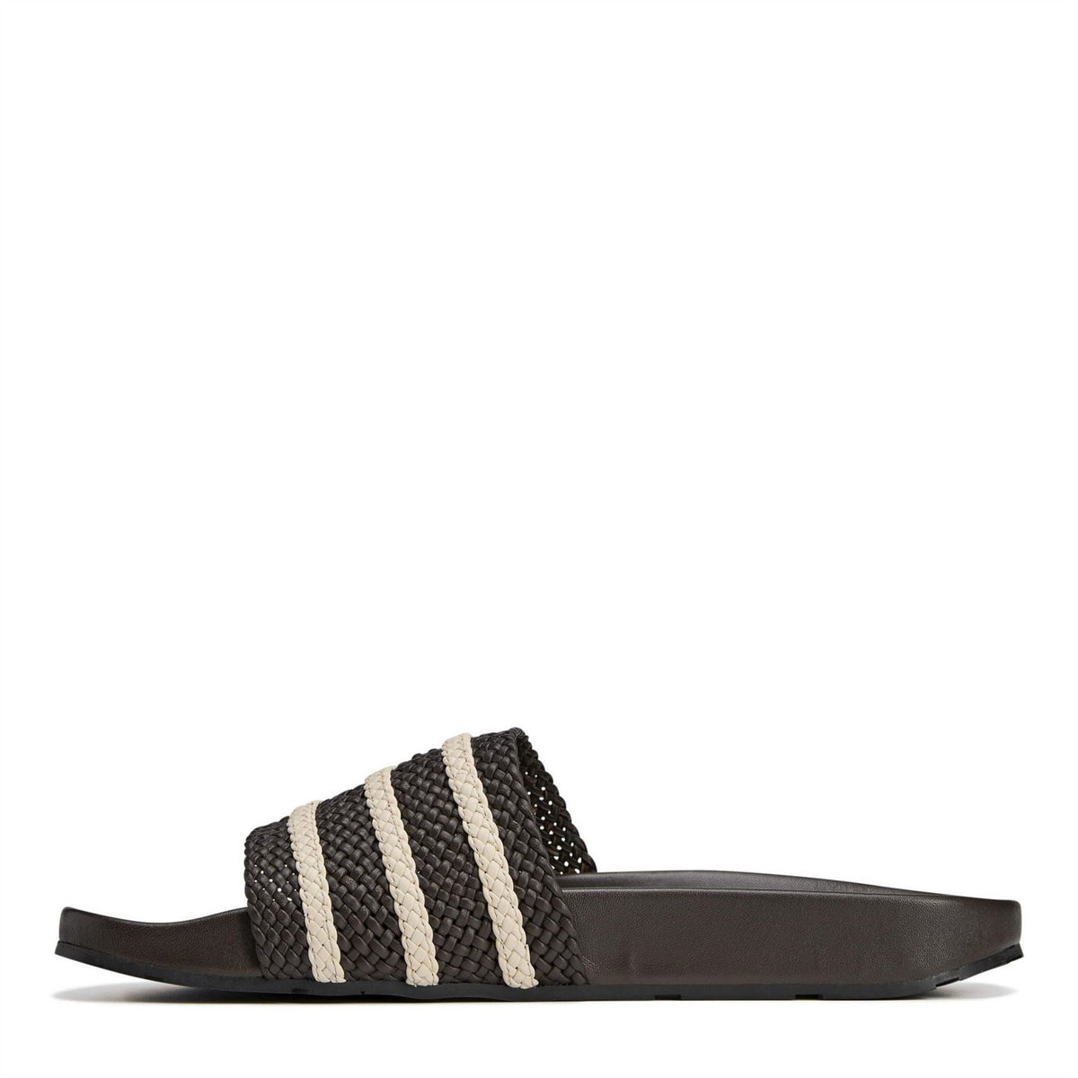 Dark brown adidas adilette slides with braided strap and cream triple stripe bands