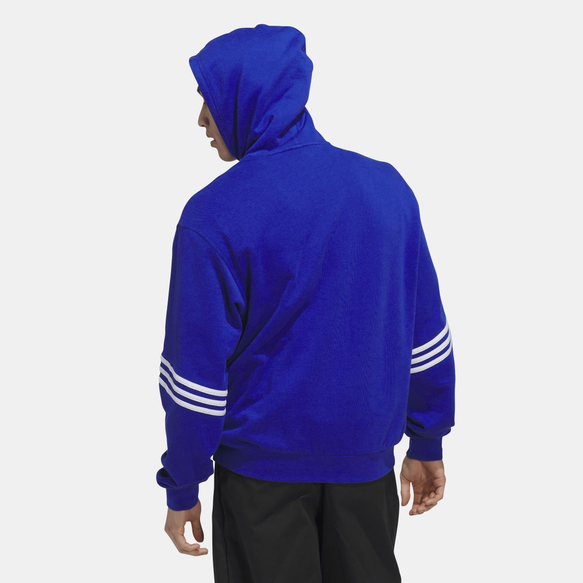 Blue pullover hoodie from back view with drawstring hood and white triple-stripe sleeves.