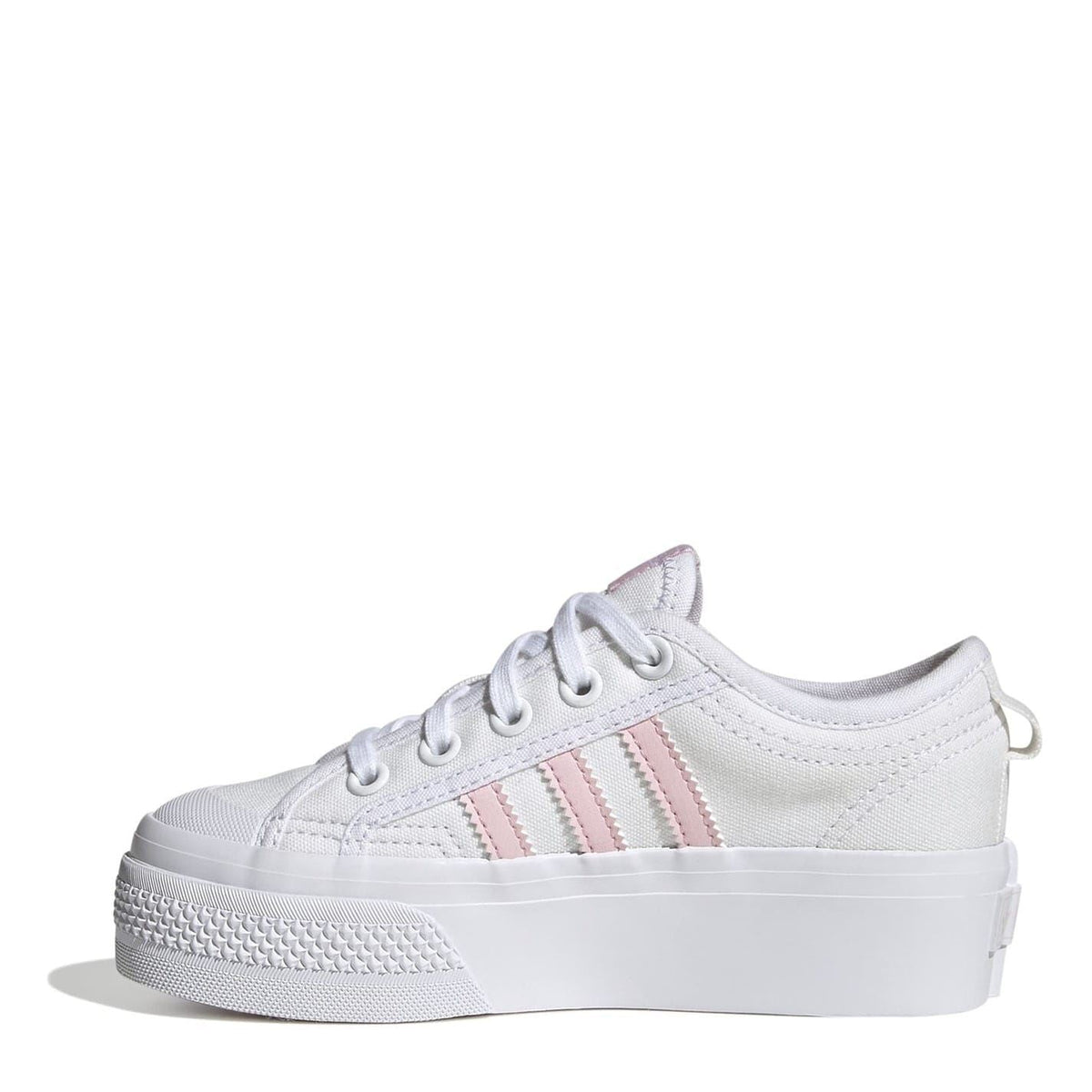 Kids' white platform sneakers with pink triple stripes and lace-up front