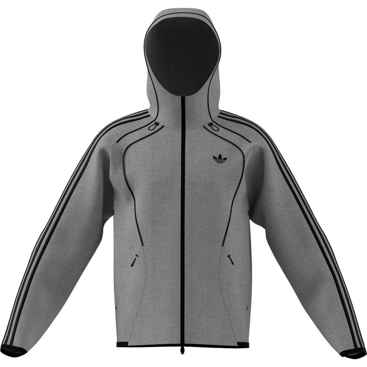 Grey heather zip-up hoodie with adjustable hood drawstrings and black side stripes