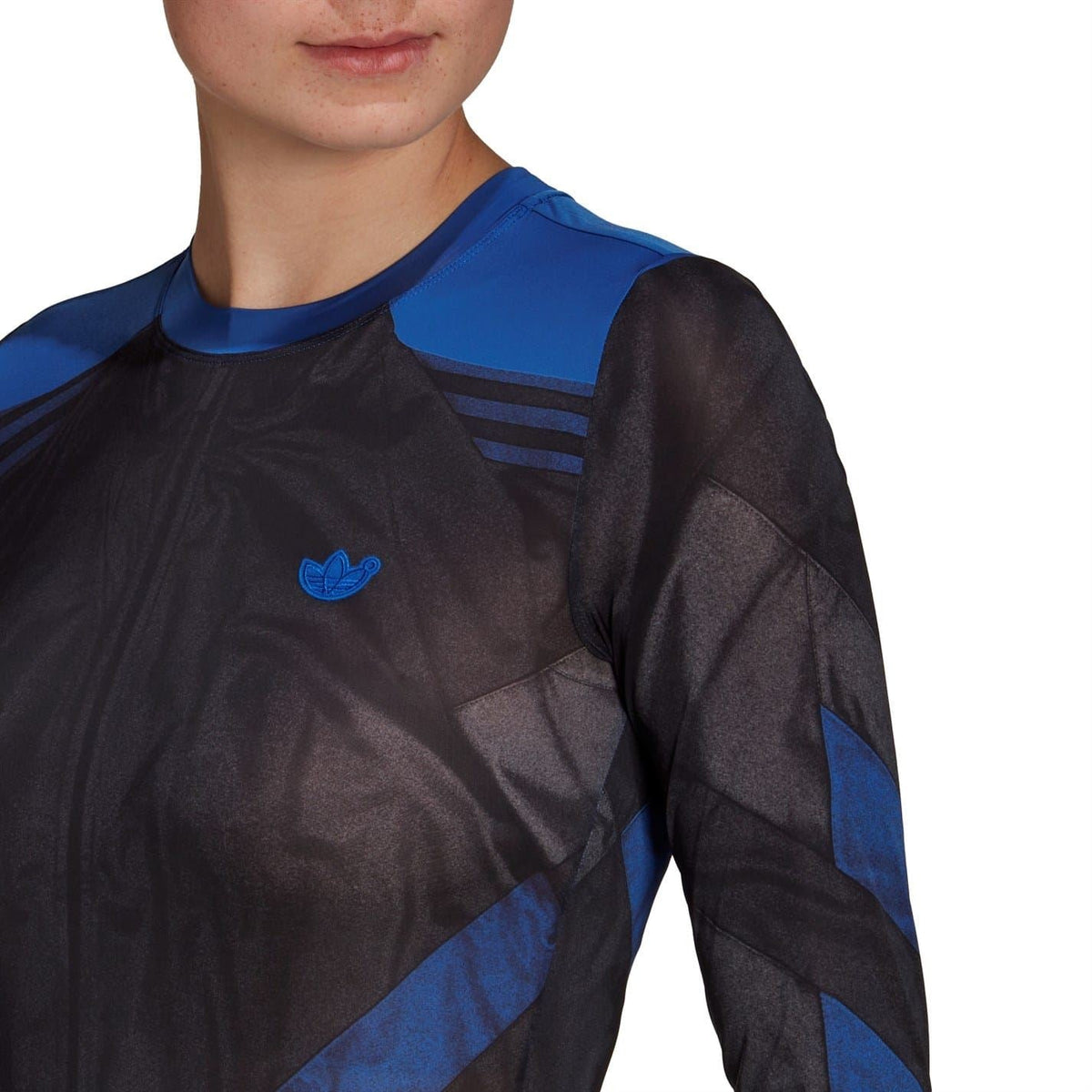 Blue adidas-style leaf logo on black long-sleeve crew neck with blue trim