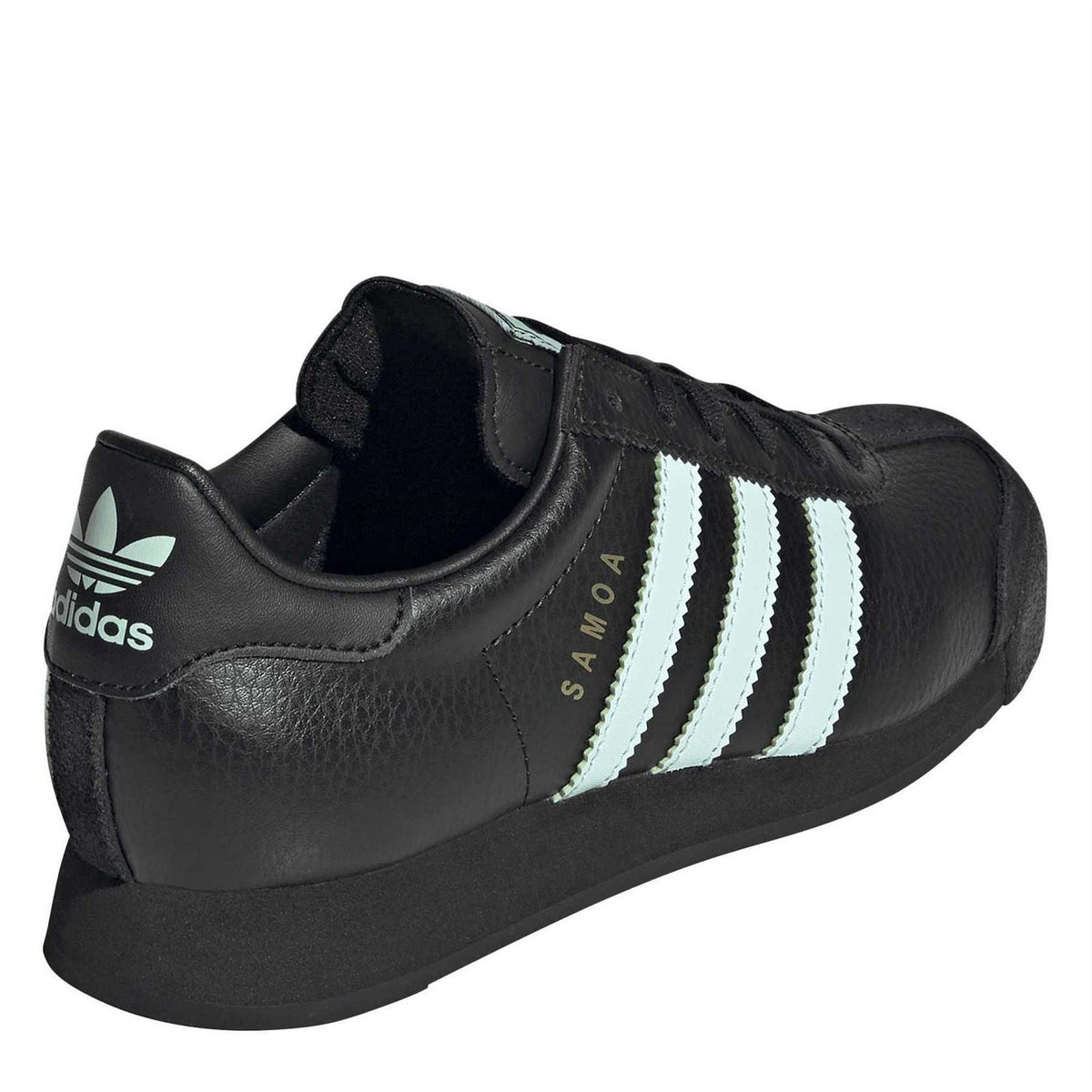 Black low-top sneakers with heel branding and mint three stripes along the side