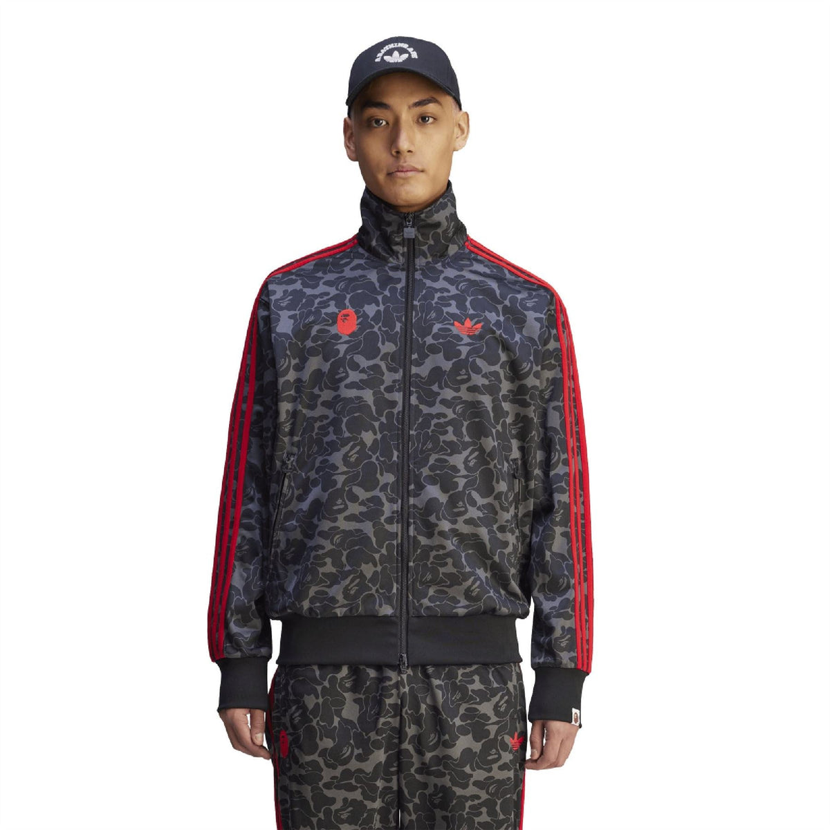 Black camo track jacket with red side stripes and full-zip stand collar