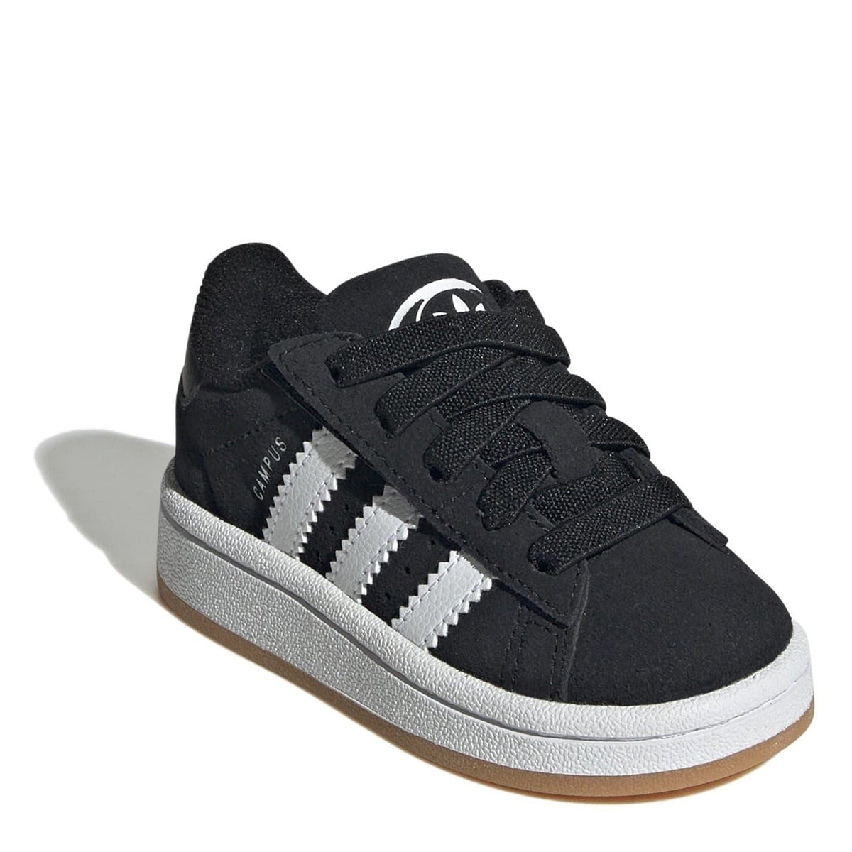 Black low-top lace-up sneaker angled view with white three stripes and chunky sole.