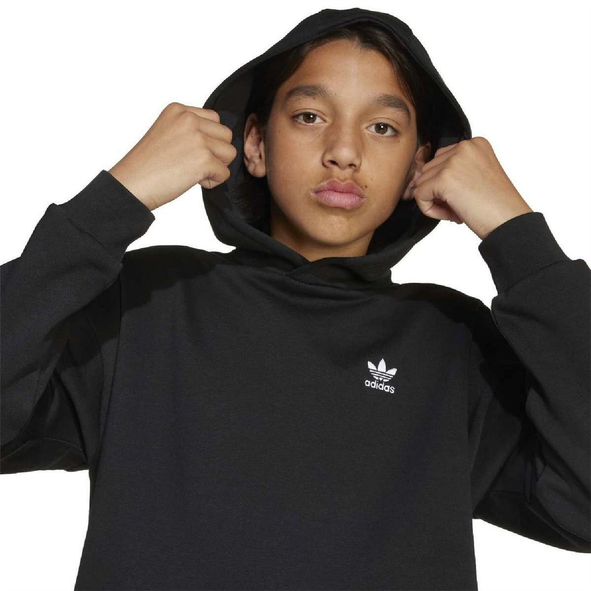Black junior adidas hoodie sweatshirt with hood up and small front trefoil logo.