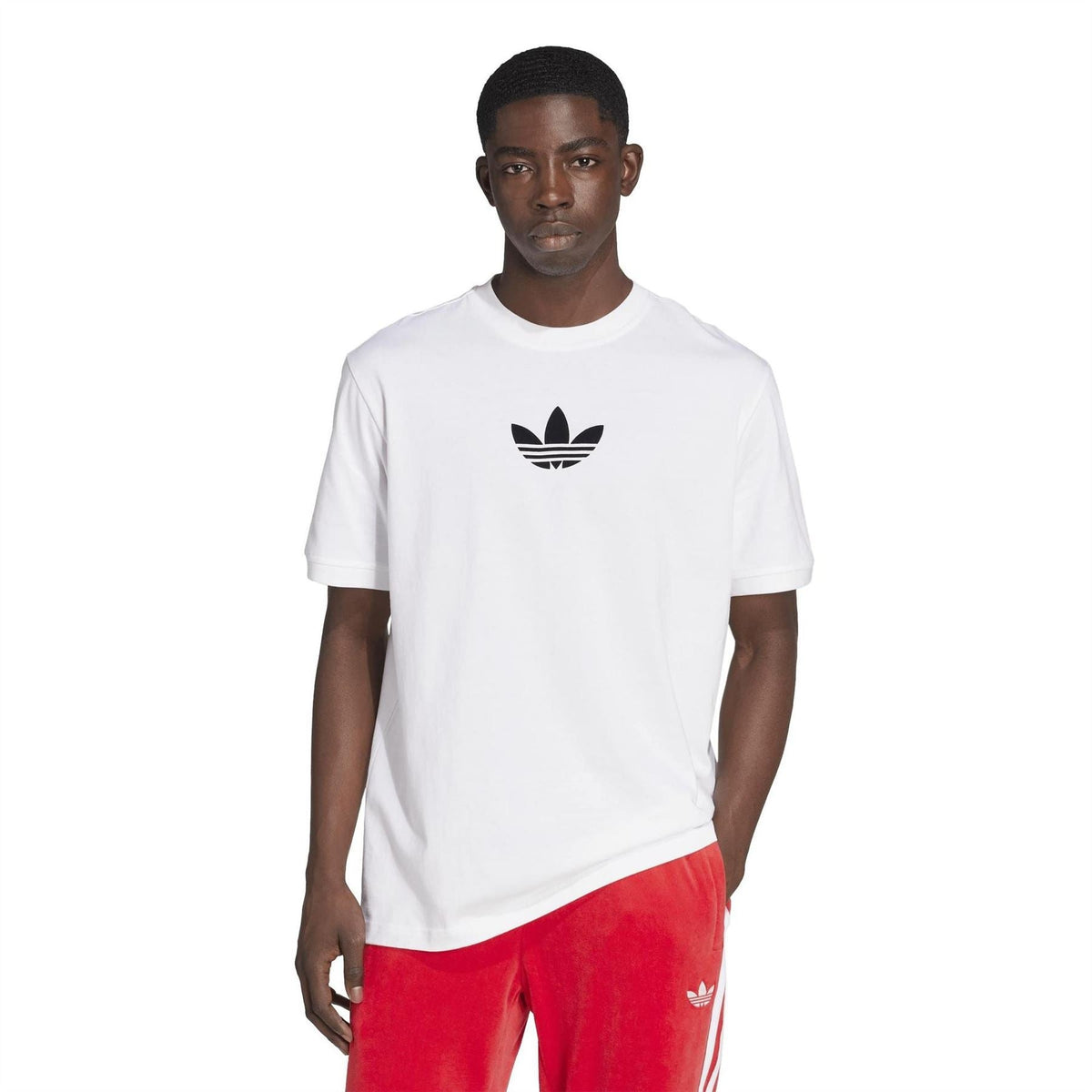 White adidas Originals crew neck T-shirt with black trefoil logo; front view