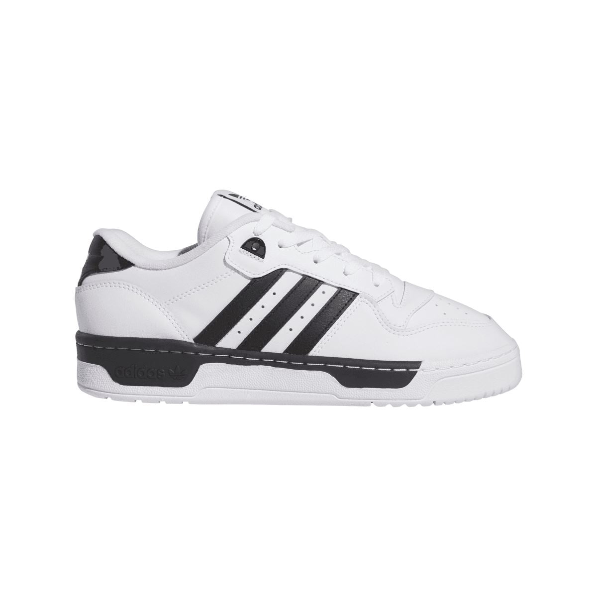 White low-top trainers with three black stripes and black heel panel