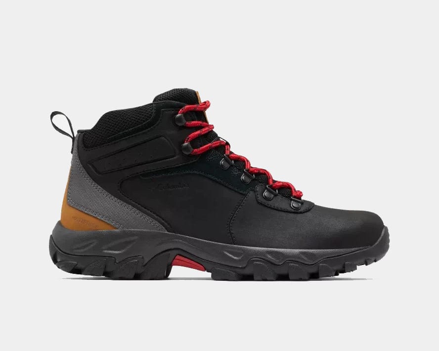 Waterproof hiking boots, black with red laces, gray accents, and chunky tread sole