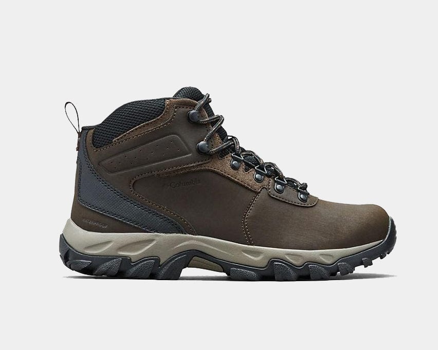 Brown and dark blue lace-up ankle hiking boots with cushioned collar