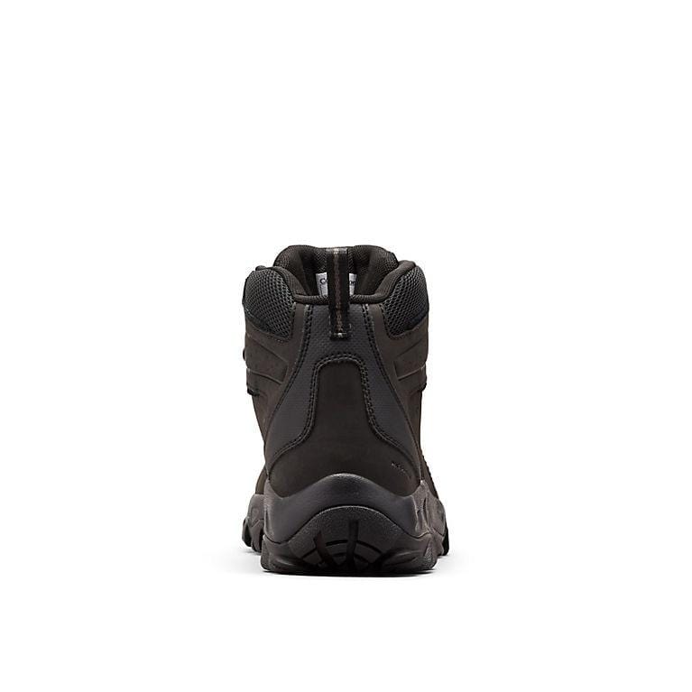 Dark waterproof hiking boot heel view with lace-up collar and rubber sole