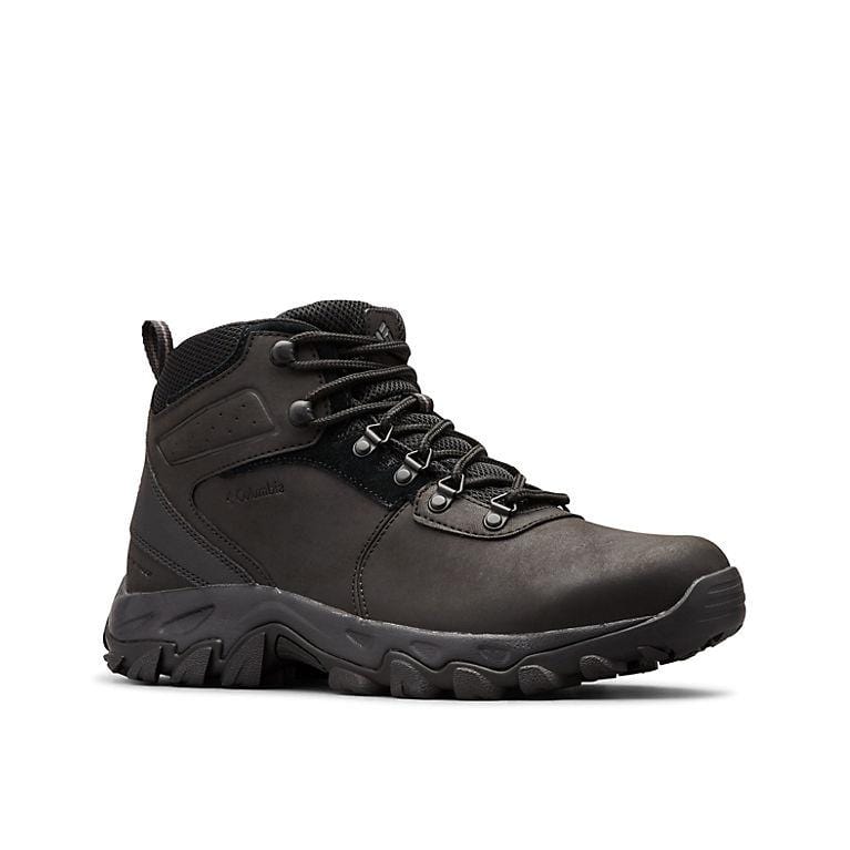 Dark gray waterproof hiking boot with black laces and rugged tread sole