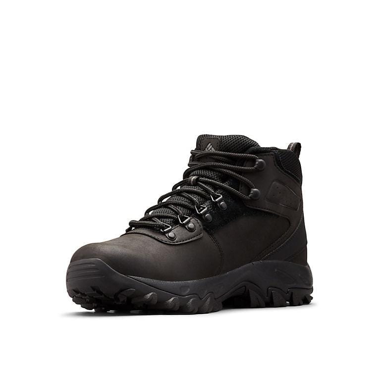 Black waterproof hiking boot with lace-up closure and grippy tread outsole