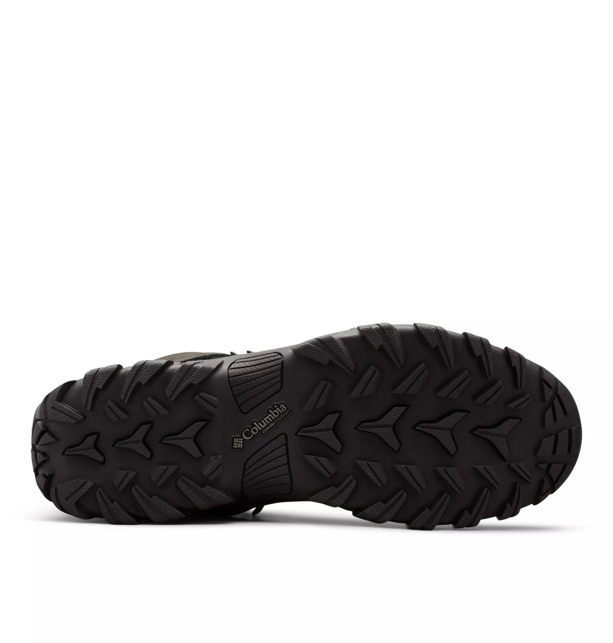 Waterproof hiking boots outsole with deep tread and Columbia logo on midfoot area