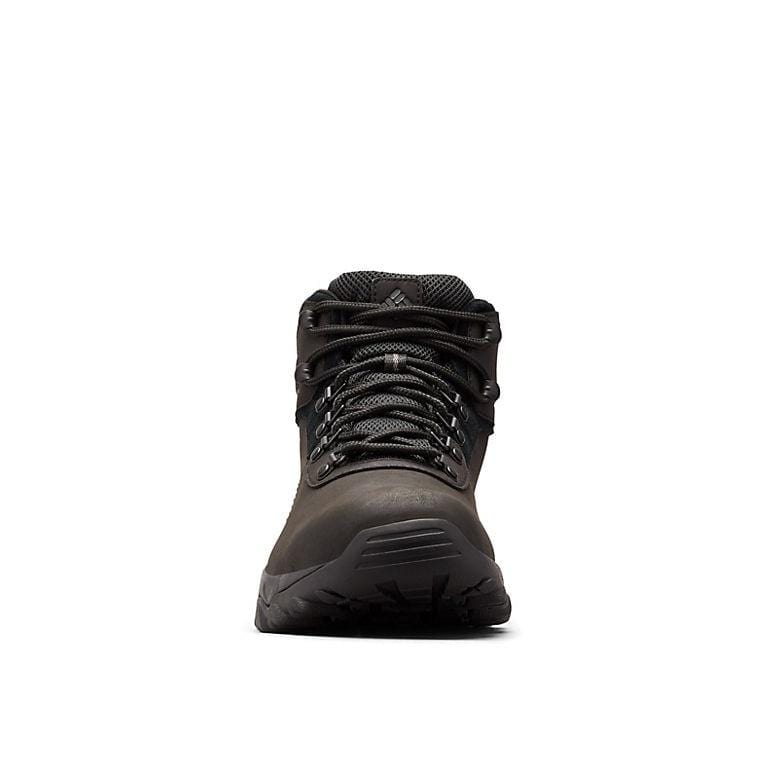 Dark waterproof hiking boot with lace-up front and molded toe bumper