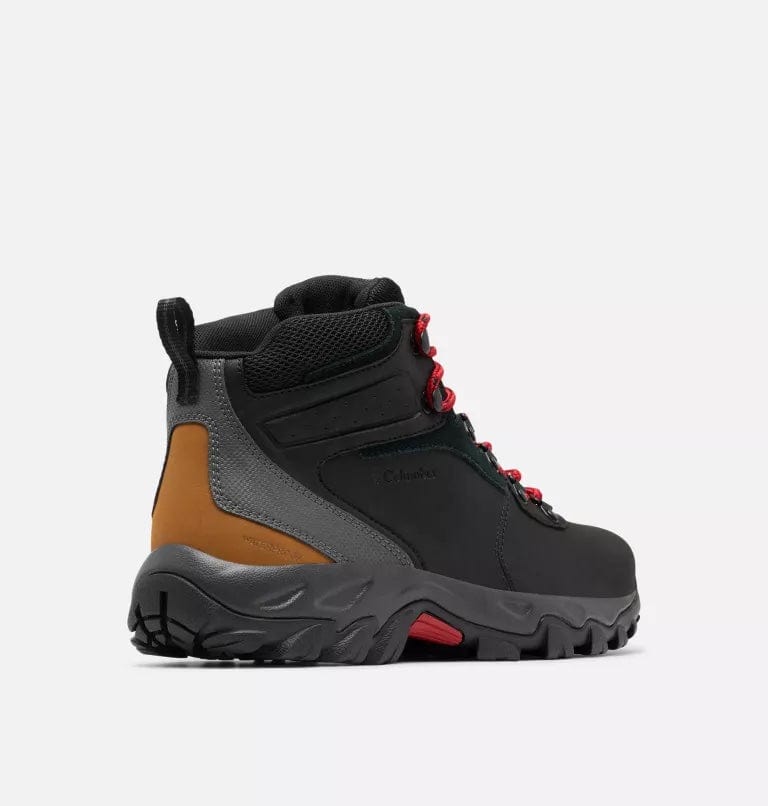 Waterproof hiking boots, black with red laces and tan side panel, rugged tread sole