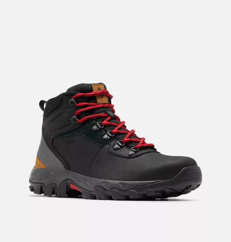 Waterproof hiking boots, black with red laces, gray panels, and rugged tread sole