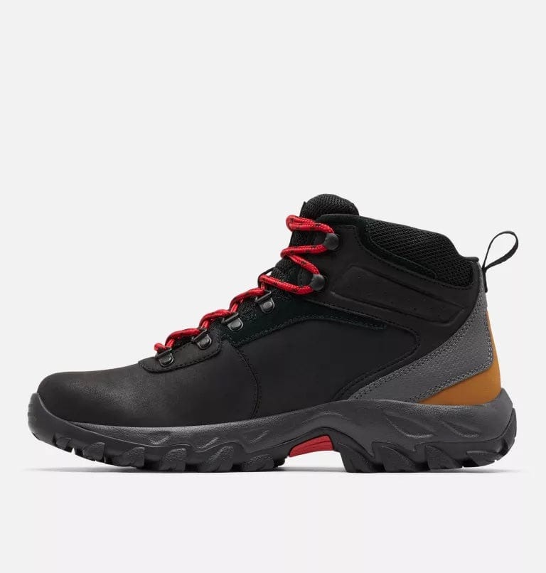 Waterproof hiking boots, black with red laces, gray side panel, and rugged outsole