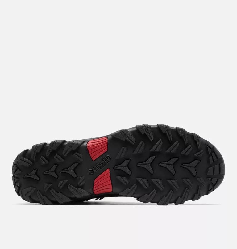 Waterproof hiking boots outsole with deep tread and red midfoot accent; Columbia mark