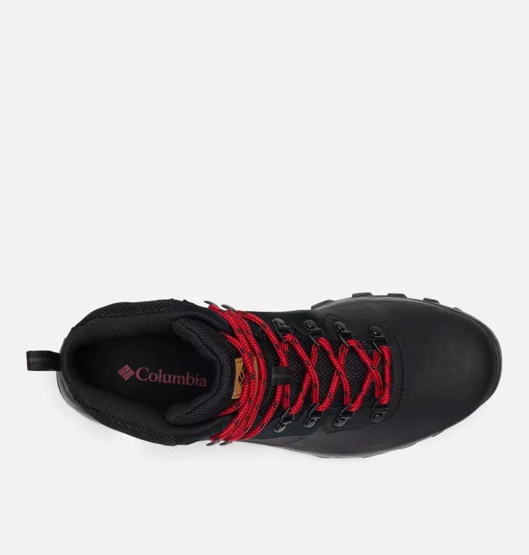 Waterproof hiking boots with red laces; Columbia logo visible on inner lining