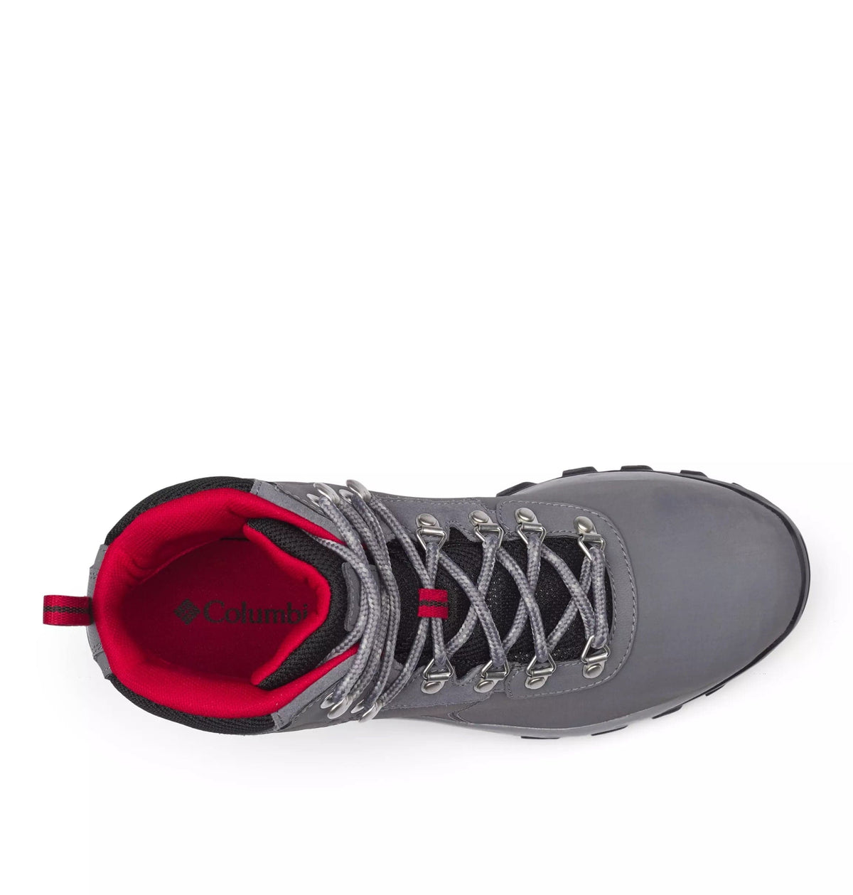 Gray waterproof hiking boot showing red inner lining and gray lace-up closure