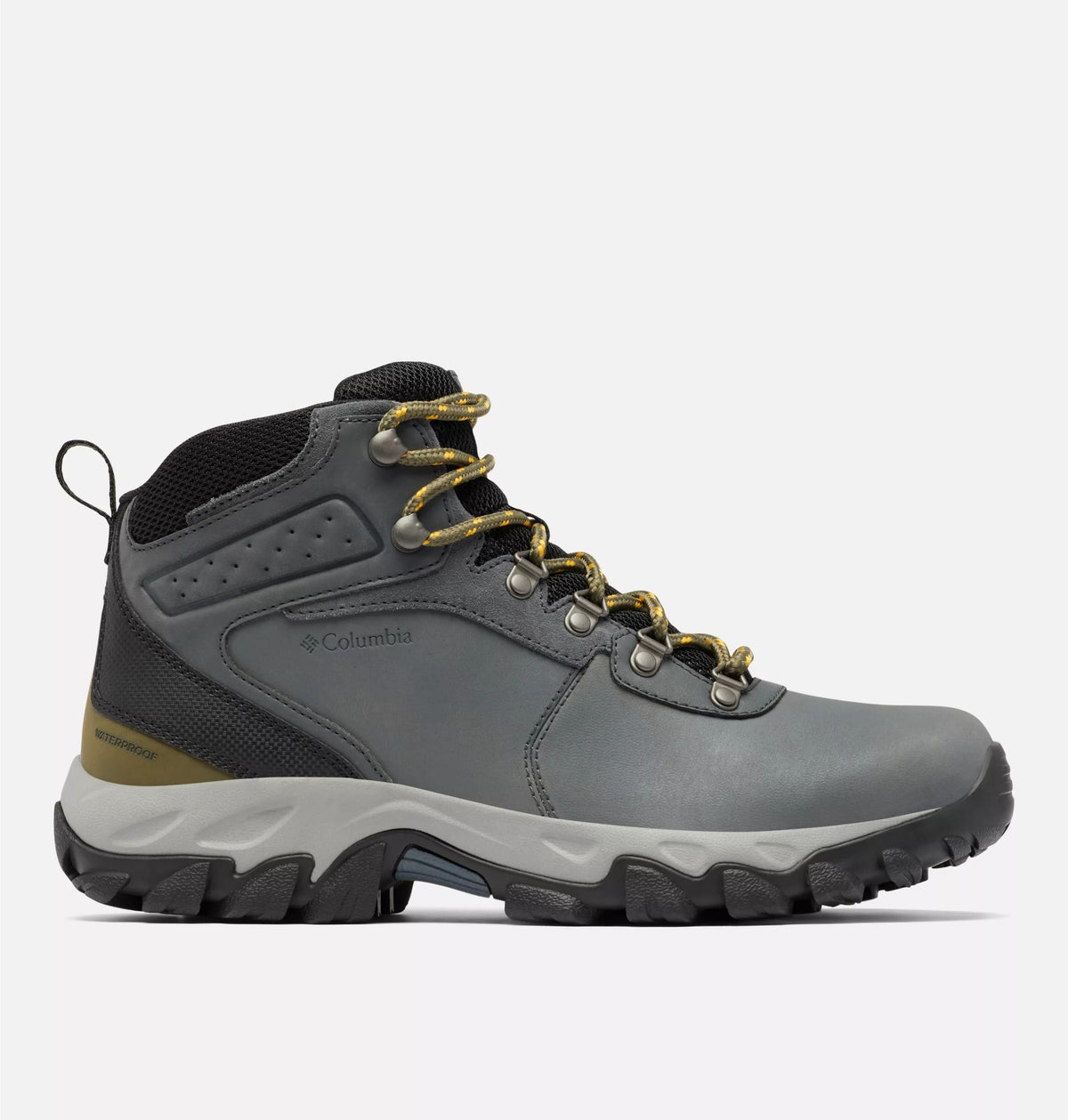 Hiking boots in gray with black upper, yellow lace hardware, and treaded outsole