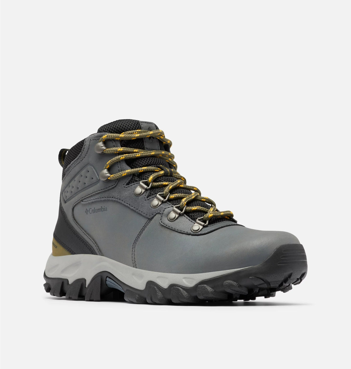 Dark gray waterproof hiking boots with yellow lace accents and rugged rubber sole