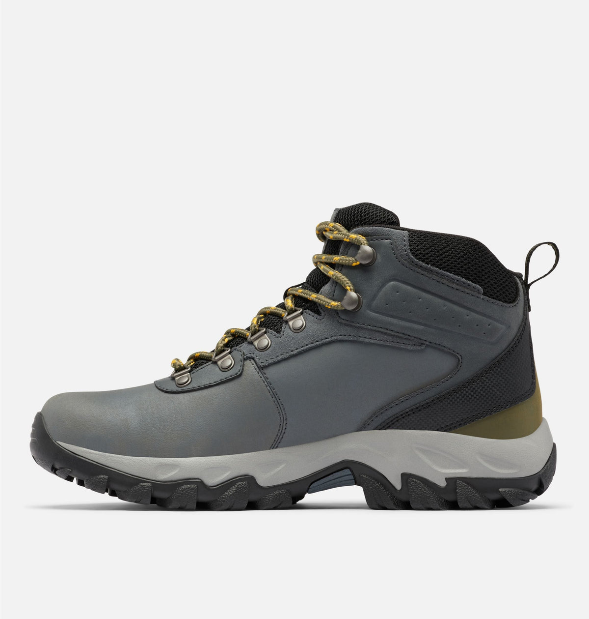 Grey waterproof hiking boot with black mesh collar, yellow laces, and protective toe