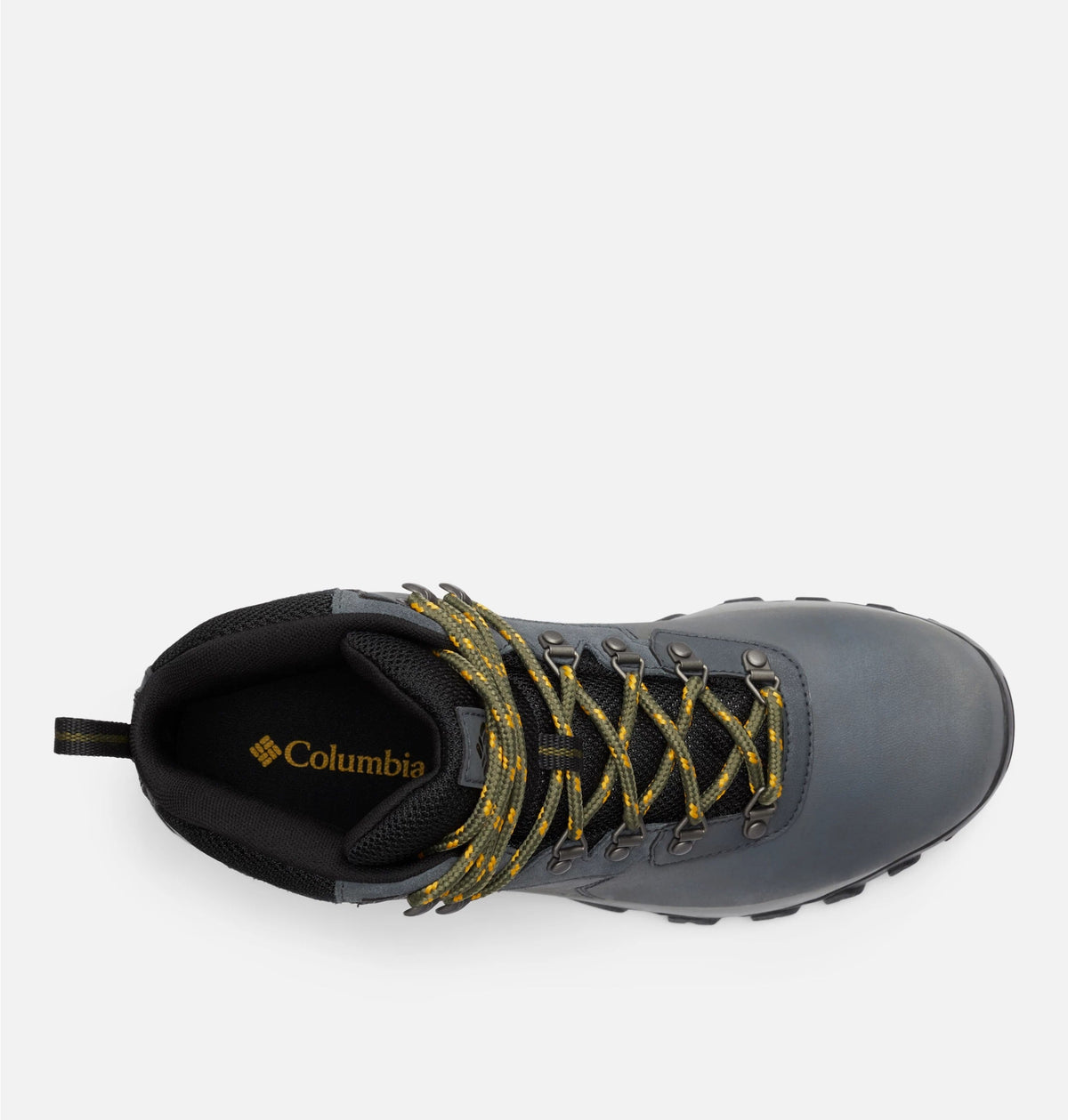 Dark gray boot interior with black lining, yellow laces, and Columbia logo