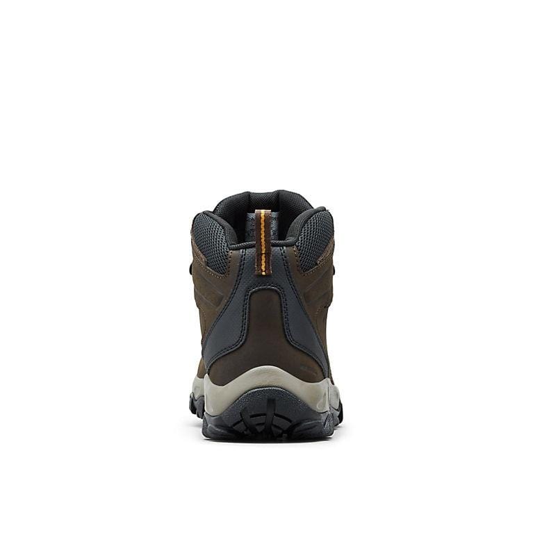 Rear view of brown lace-up hiking boots with padded heel and grippy sole