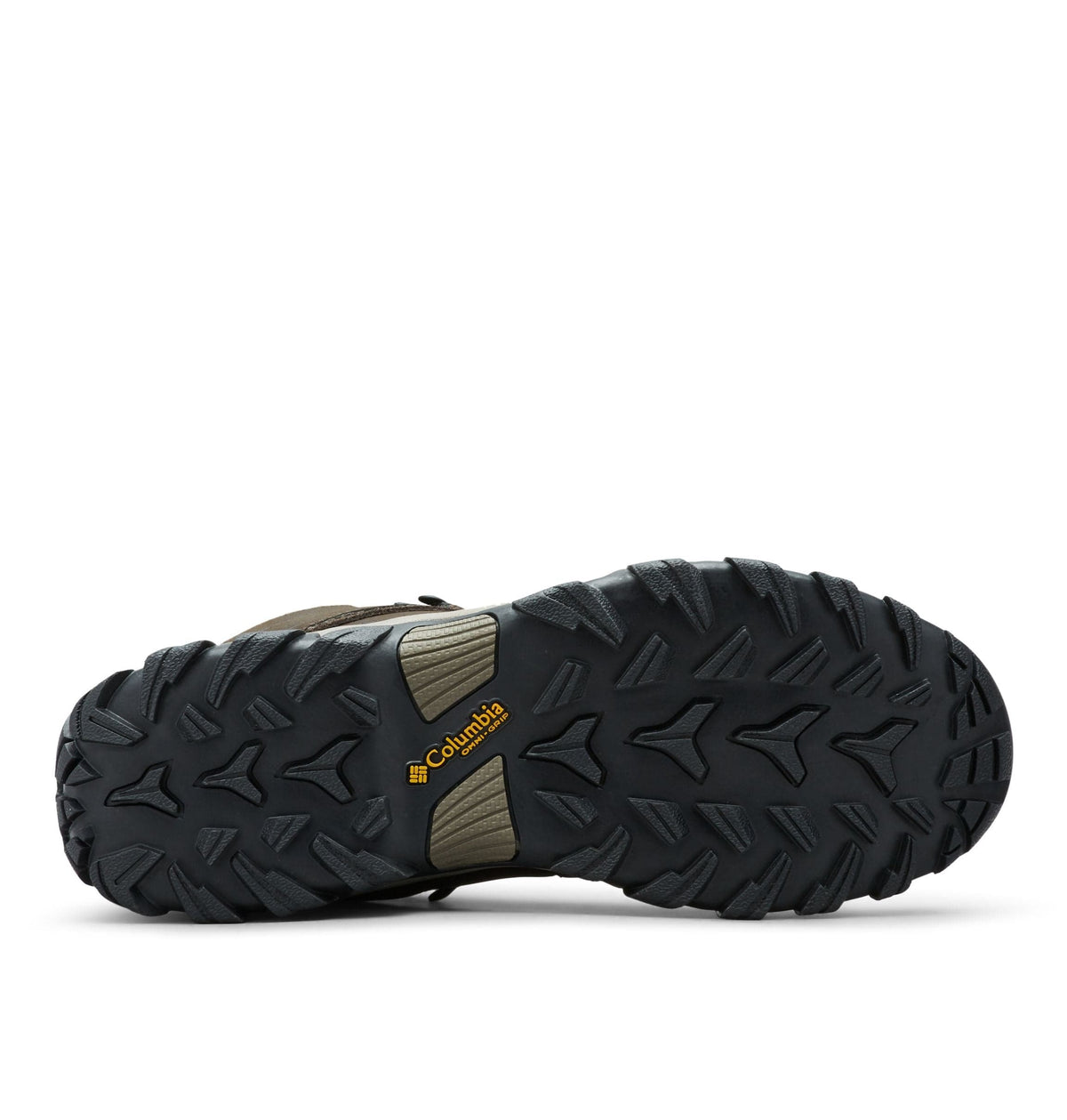 Hiking boot outsole with deep star-shaped tread and beige grip panel